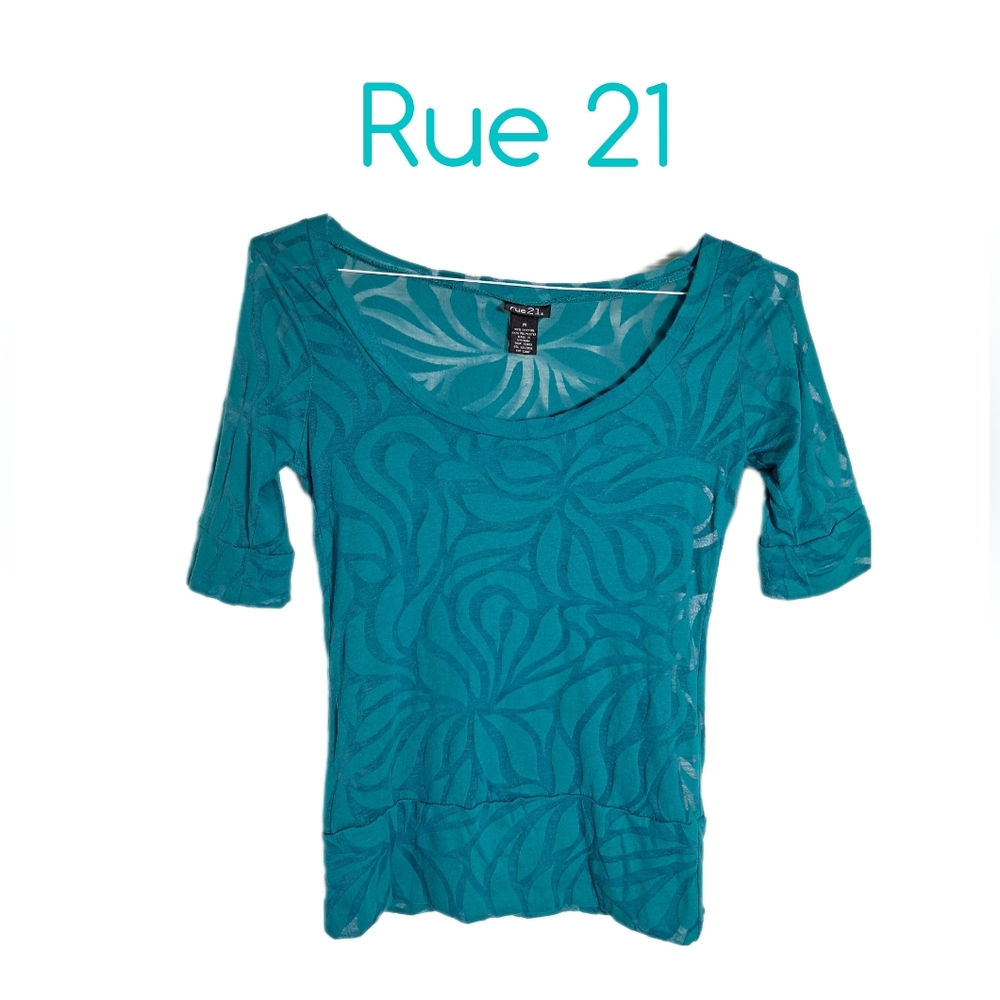💜 Rue21 Top Teal Women Sheer Floral U-Neck Half Sleeve Top